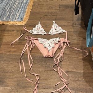 Lace Trim Pink Bikini Set